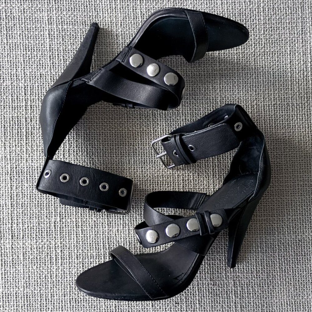 All Saints Manon black studded leather strappy sandals ankle heels Size 39